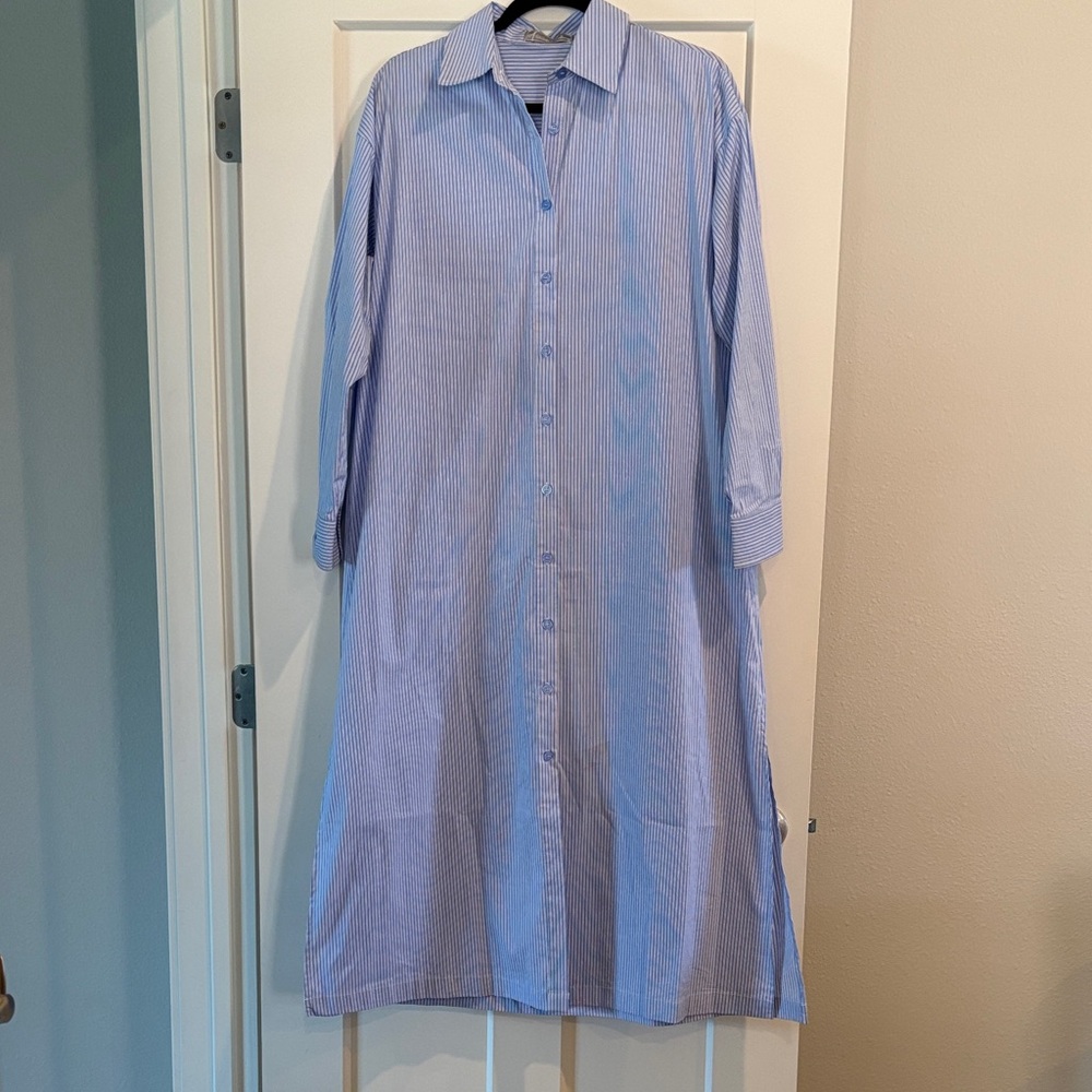 Button-Front Maxi Shirt Dress - Blue Stripe